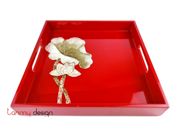 Red square lacquer tray hand-painted with eggshell lotus 27 cm